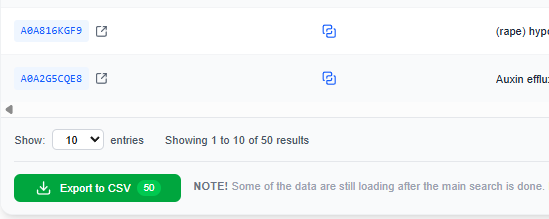 Export to CSV button at bottom of results table